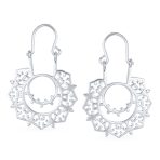 Boho Retro Filigree Mandala Dangle Earrings Silver Hoop - Image 2