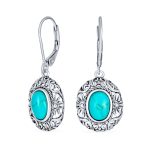 Bali Style Natural Oval Turquoise Floral Scroll Filigree Drop Earrings .925 Sterling Silver