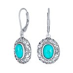 Set of 2 Blue Turquoise & Dyed Green Quartz Dangle Earrings Lever Back Silver - Image 6