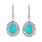 Bali Style Natural Oval Turquoise Floral Scroll Filigree Drop Earrings .925 Sterling Silver - Image 2