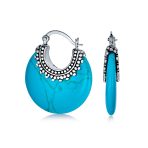 Bali Style Blue Lapis Round Half Crescent Hoop Earrings Milgrain .925 Sterling Silver - Image 2