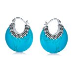 Bali Style Blue Lapis Round Half Crescent Hoop Earrings Milgrain .925 Sterling Silver - Image 5