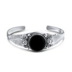 Nature Leaf Navajo Style Onyx Turquoise Wide Cuff Bracelet in Sterling Silver - Image 2