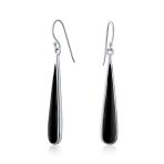 Simple Green Agate Inlay Long Flat Teardrop Shaped Dangle Earrings .925 Sterling Silver - Image 4