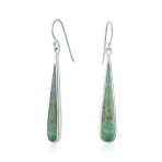 Simple Green Agate Inlay Long Flat Teardrop Shaped Dangle Earrings .925 Sterling Silver