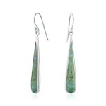 Simple Green Agate Inlay Long Flat Teardrop Shaped Dangle Earrings .925 Sterling Silver