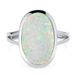 Boho Gemstone Silver Ring Iridescent White Opal Split Shank