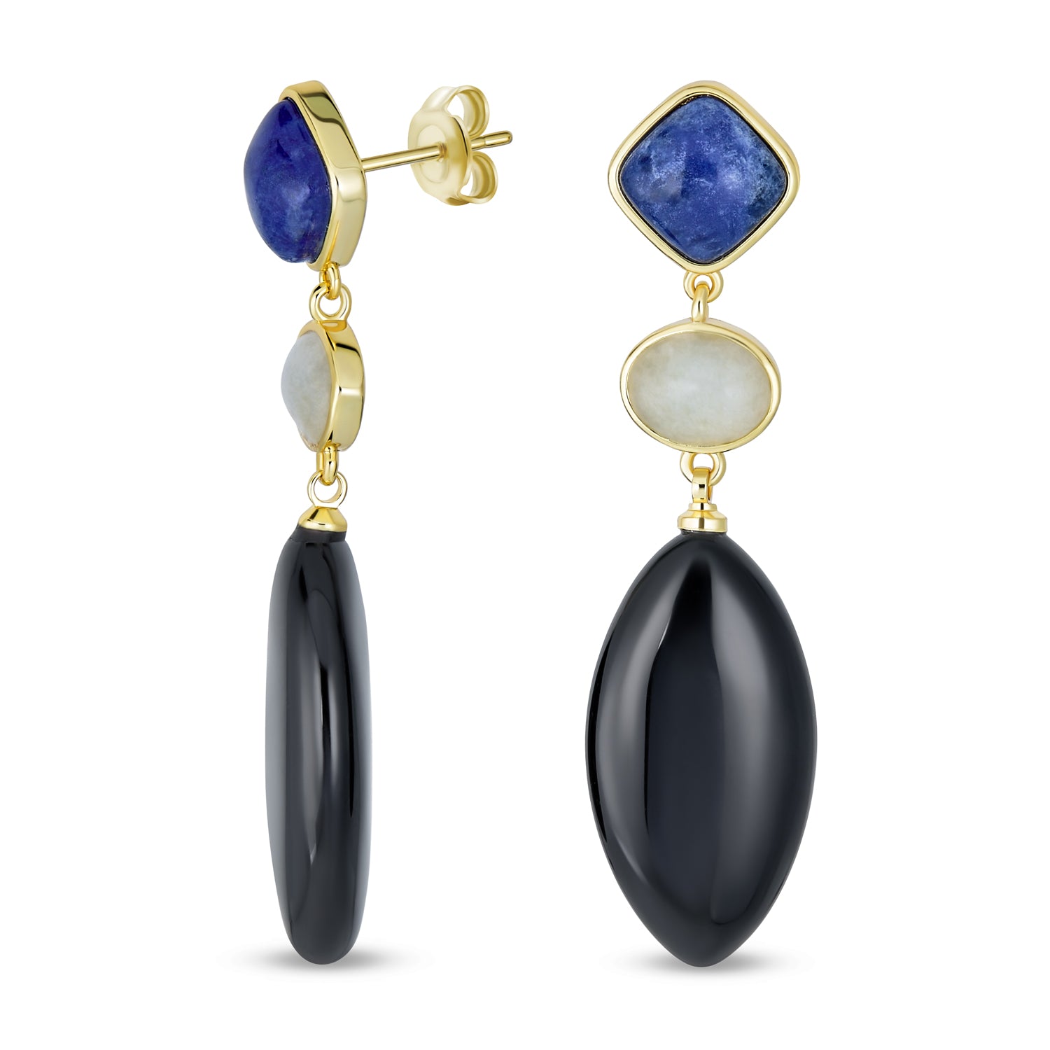 boho-lapis-black-diamond-gold-dagle-cb-84357 Dangle Gemstone Earrings Blue Lapis Onyx in 14K Gold Plated - Image 1