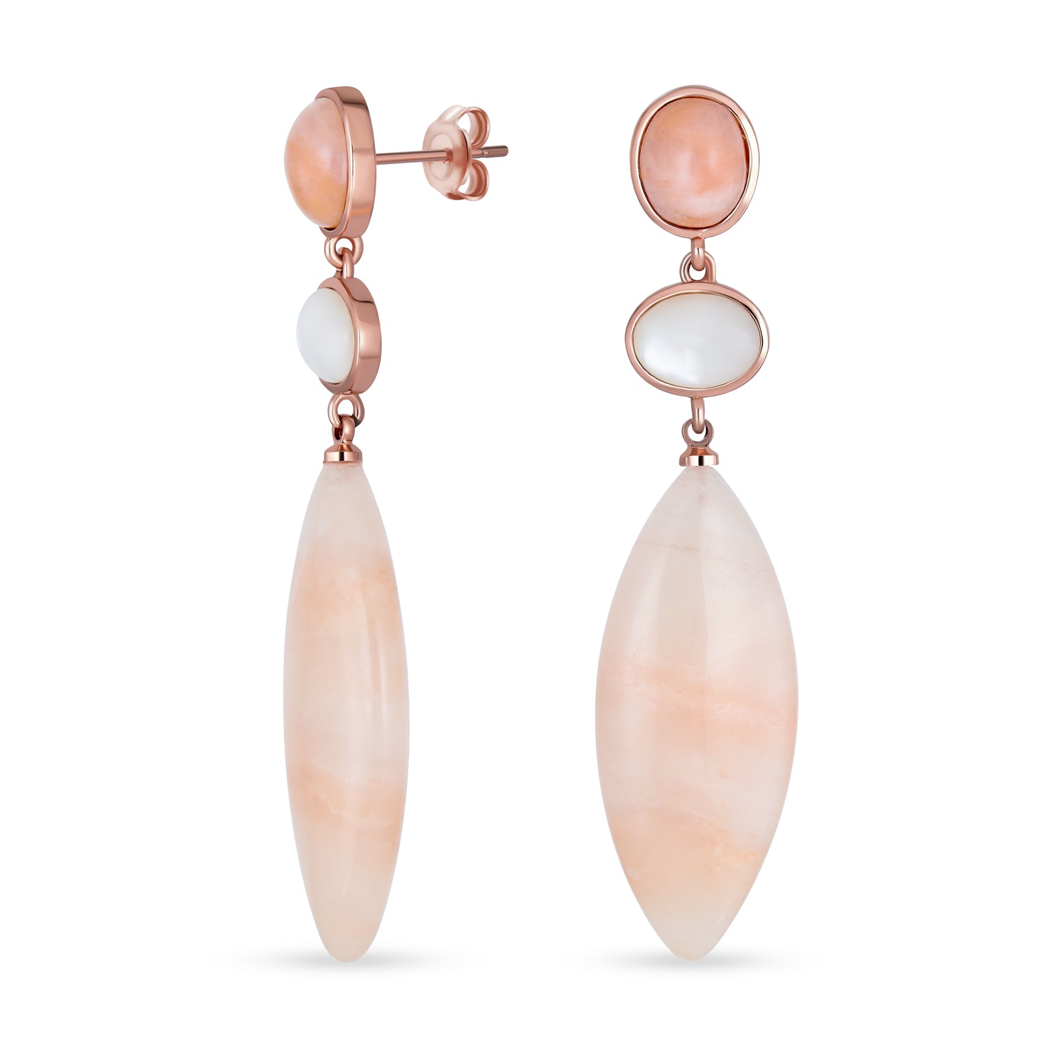 boho-long-pink-pastel-gemstone-dangling-cb-84410 Unique Boho Dangle Gemstone Earrings White MOP & Pink Aventurine in Gold Plated - Image 1