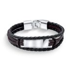 Black Cord Brown Leather ID Stacking Bracelet  Stainless