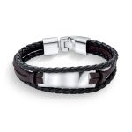 Black Cord Brown Leather ID Stacking Bracelet  Stainless