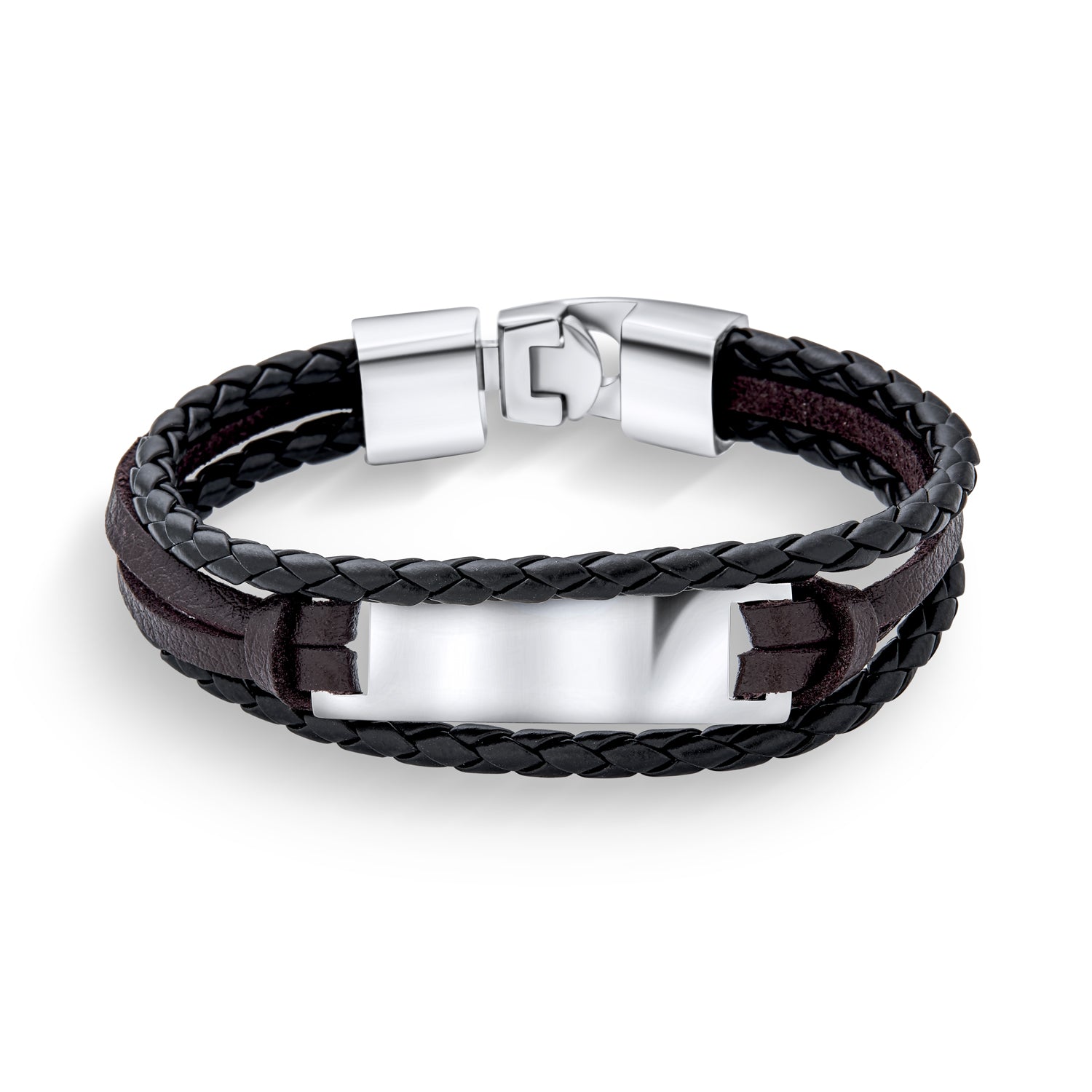 boho-strand-leather-cord-bracelet_sgd-ms005_1 Black Cord Brown Leather ID Stacking Bracelet Stainless - Image 1