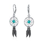 Native American Style Turquoise Dream Catcher Feather Leaf Dangle Earrings .925 Sterling Silver
