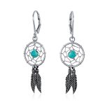 Native American Style Turquoise Dream Catcher Feather Leaf Dangle Earrings .925 Sterling Silver
