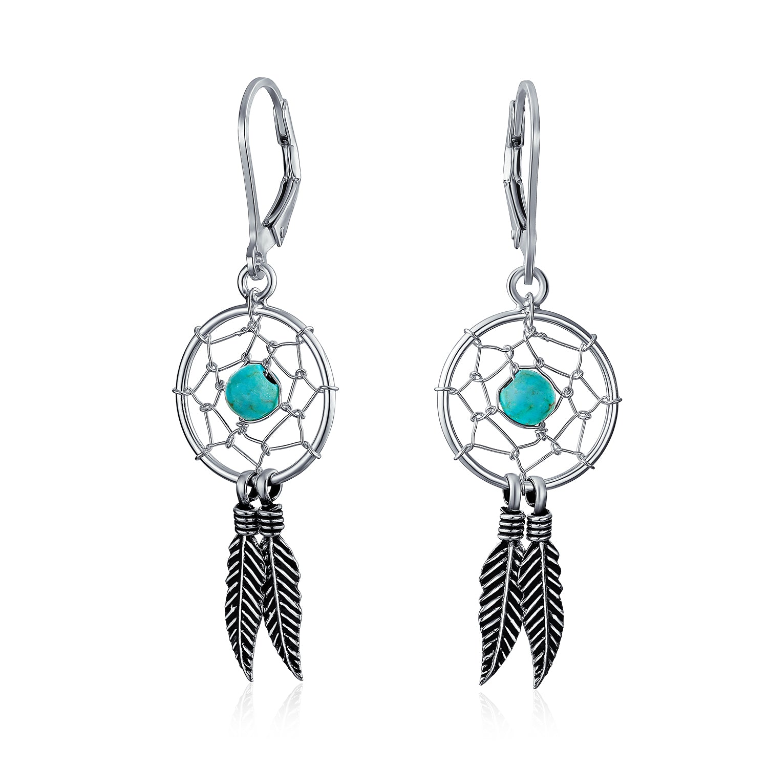 boho-turquoise-dream-catcher-earrings_pmr-e21237-az_1 Native American Style Turquoise Dream Catcher Feather Leaf Dangle Earrings .925 Sterling Silver - Image 1
