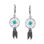 Native American Style Turquoise Dream Catcher Feather Leaf Dangle Earrings .925 Sterling Silver - Image 2