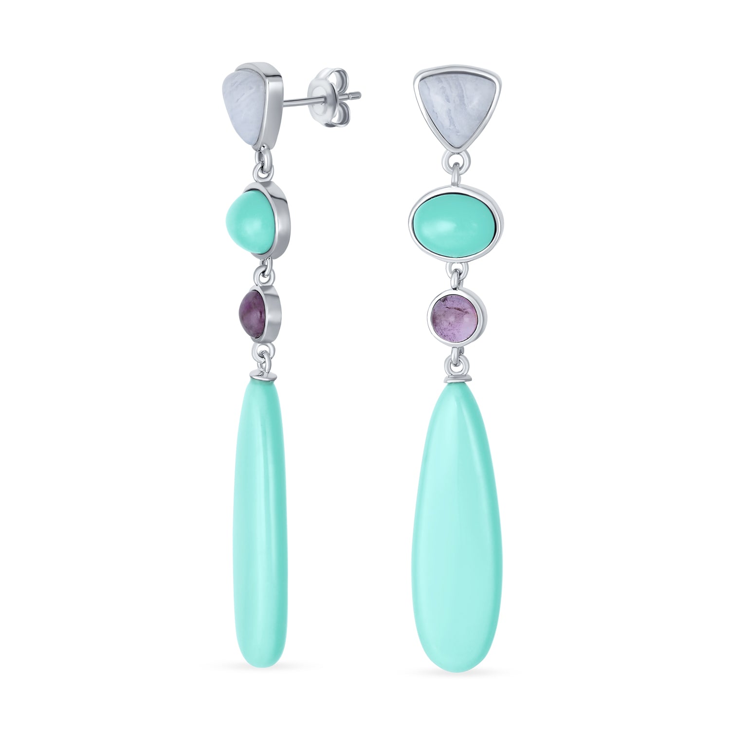boho-turquoise-gemstone-summer-party-dangling-earring-cb-82148 Unique Boho Geometric Dangle Gemstone Earrings in Silver with Turquoise Accents - Image 1