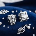Set of 2 Wise Graduate Owl Bird & Book Charm Bead Oxidized Sterling Silver - Image 2