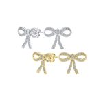 Set of 2 Vintage Ribbon Pave CZ Bow Stud Earrings Gold Plated Sterling Silver