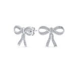 Delicate Vintage Style Ribbon Pave CZ Bow Stud Earrings in Sterling Silver