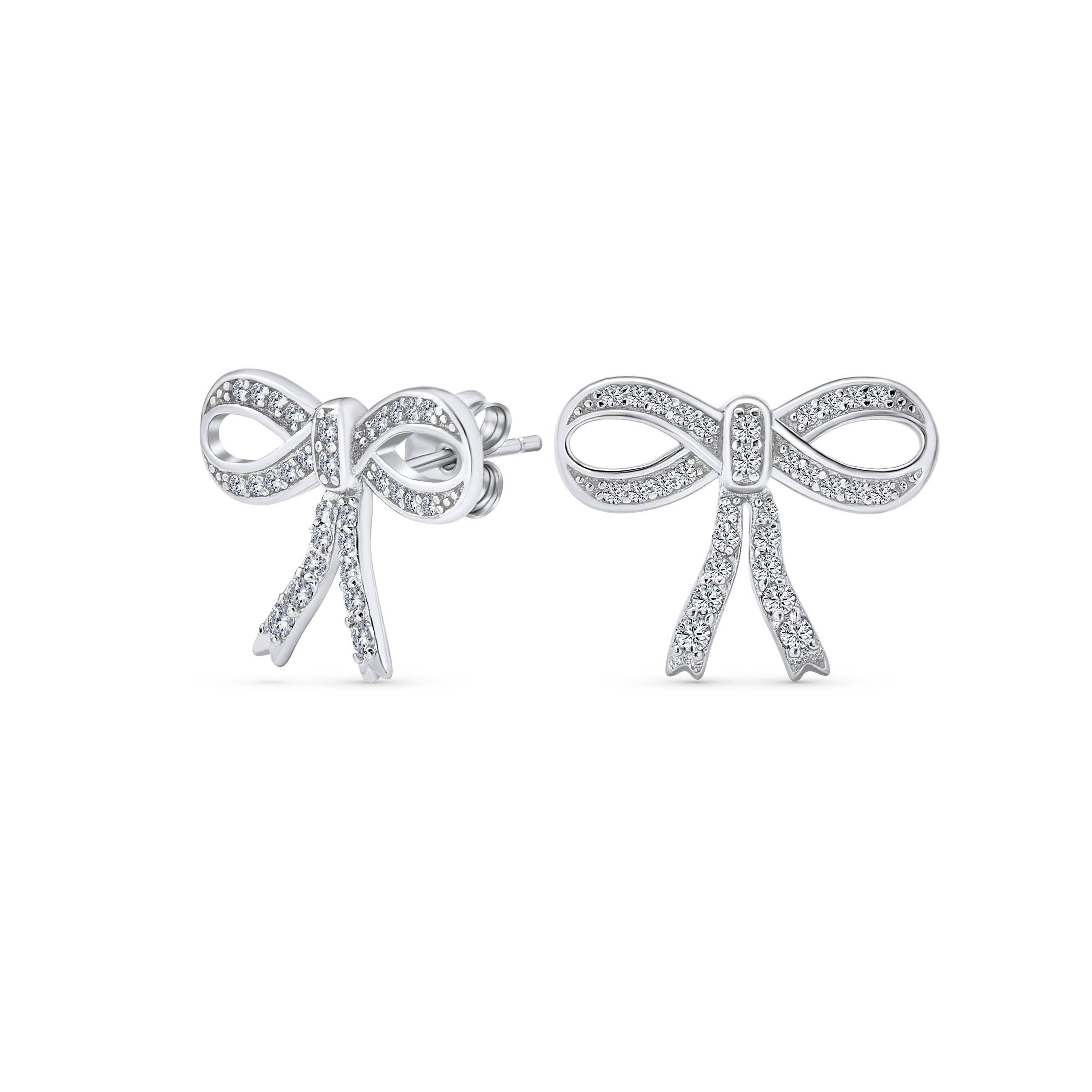 bow-earrings-cz-silver-stud_v-e15550_12 Delicate Vintage Style Ribbon Pave CZ Bow Stud Earrings in Sterling Silver - Image 1