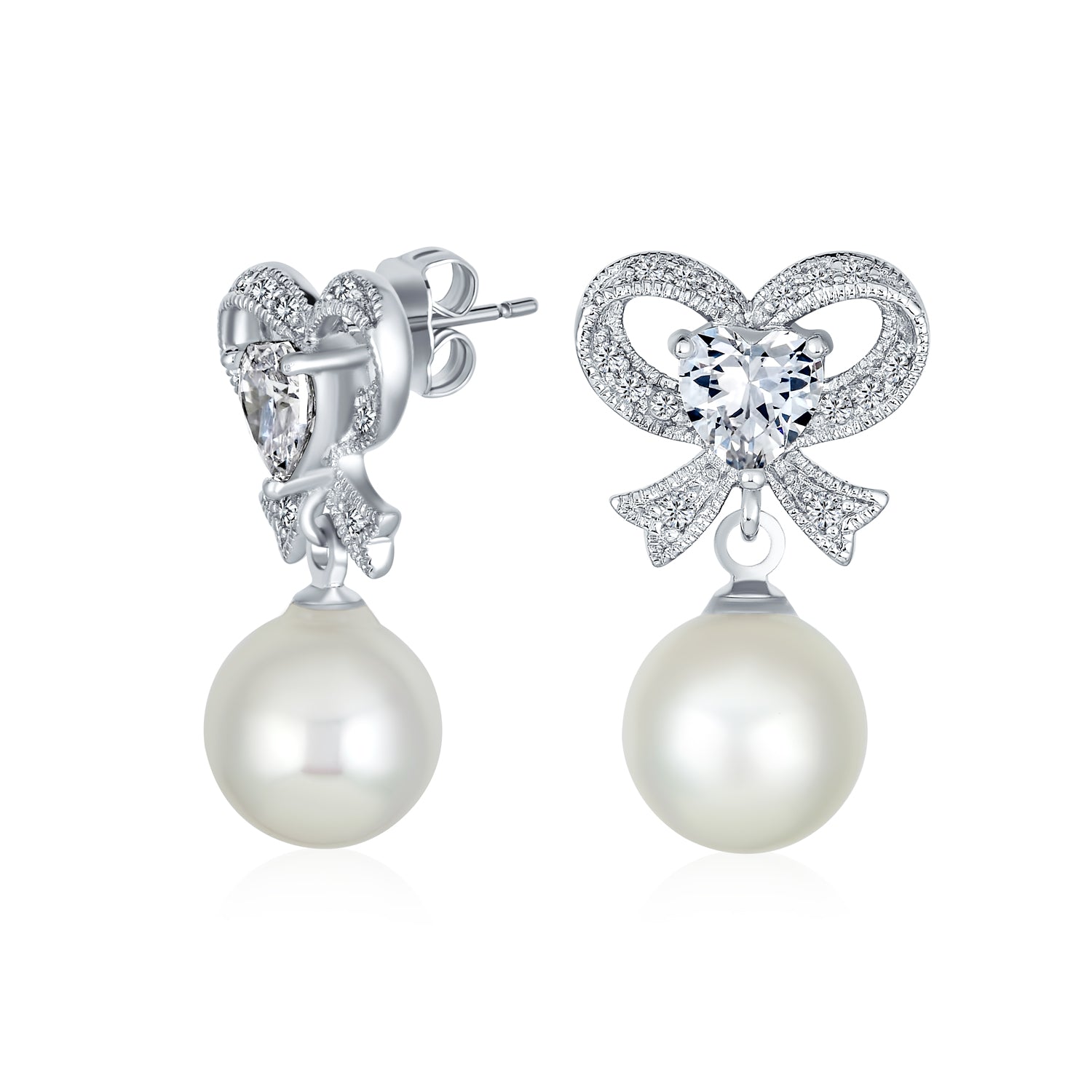 bow-pearl-cz-silver-dangle-earrings-oa-21ola2410 Victorian Dangle Chandelier Earrings with CZ Pearl and Bow Design Silver Plated - Image 1