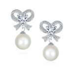 Victorian Dangle Chandelier Earrings with CZ Pearl and Bow Design Silver Plated - Image 2