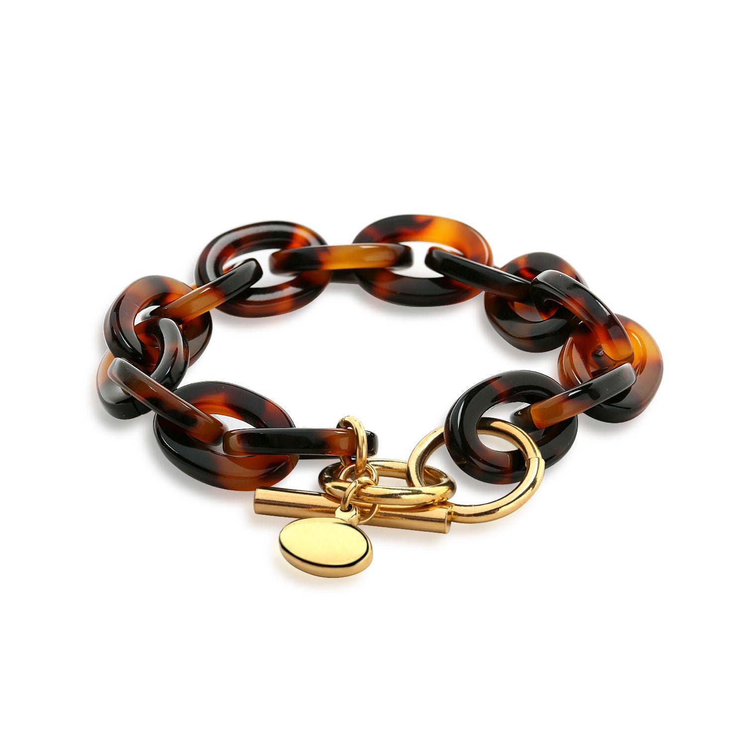 bracelet-chain-tortoise-shell-gold_cdl-csb9082-az_1 Brown Golden Acrylic Leopard Tortoise Shell Link Bracelet - Image 1