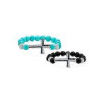 Set of 2 Religious Cross Onyx Turquoise Crystal Stretch Bracelet Silver Plated