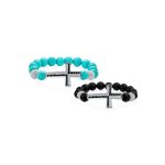 Set of 2 Religious Cross Onyx Turquoise Crystal Stretch Bracelet Silver Plated