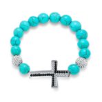 Set of 2 Religious Cross Onyx Turquoise Crystal Stretch Bracelet Silver Plated - Image 2