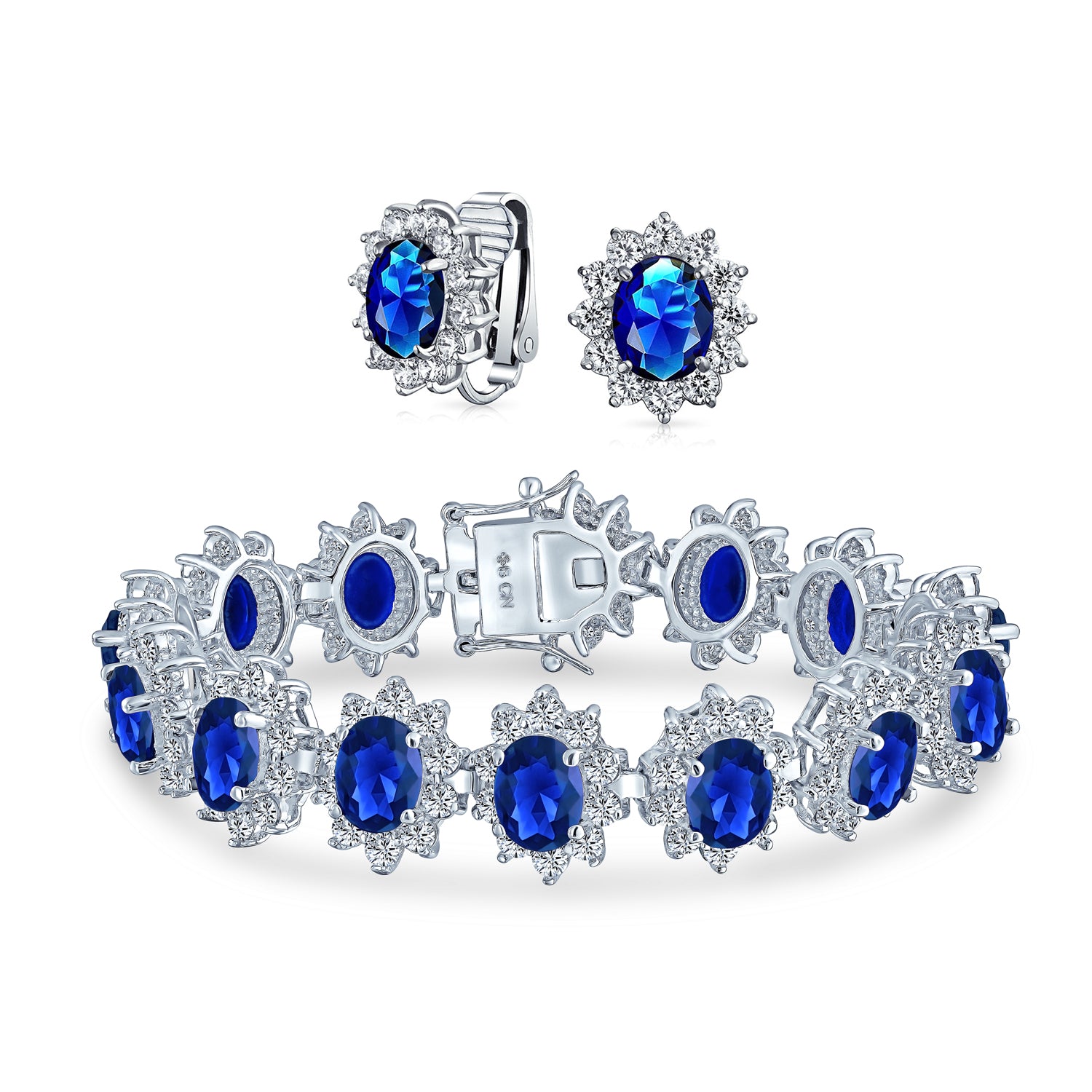 bracelet-earrings-set-blue-bridal_my-bms-200154b_1 Estate Jewelry Vintage Style CZ Sapphire Ruby Statement Bracelet & Earrings Set - Image 1
