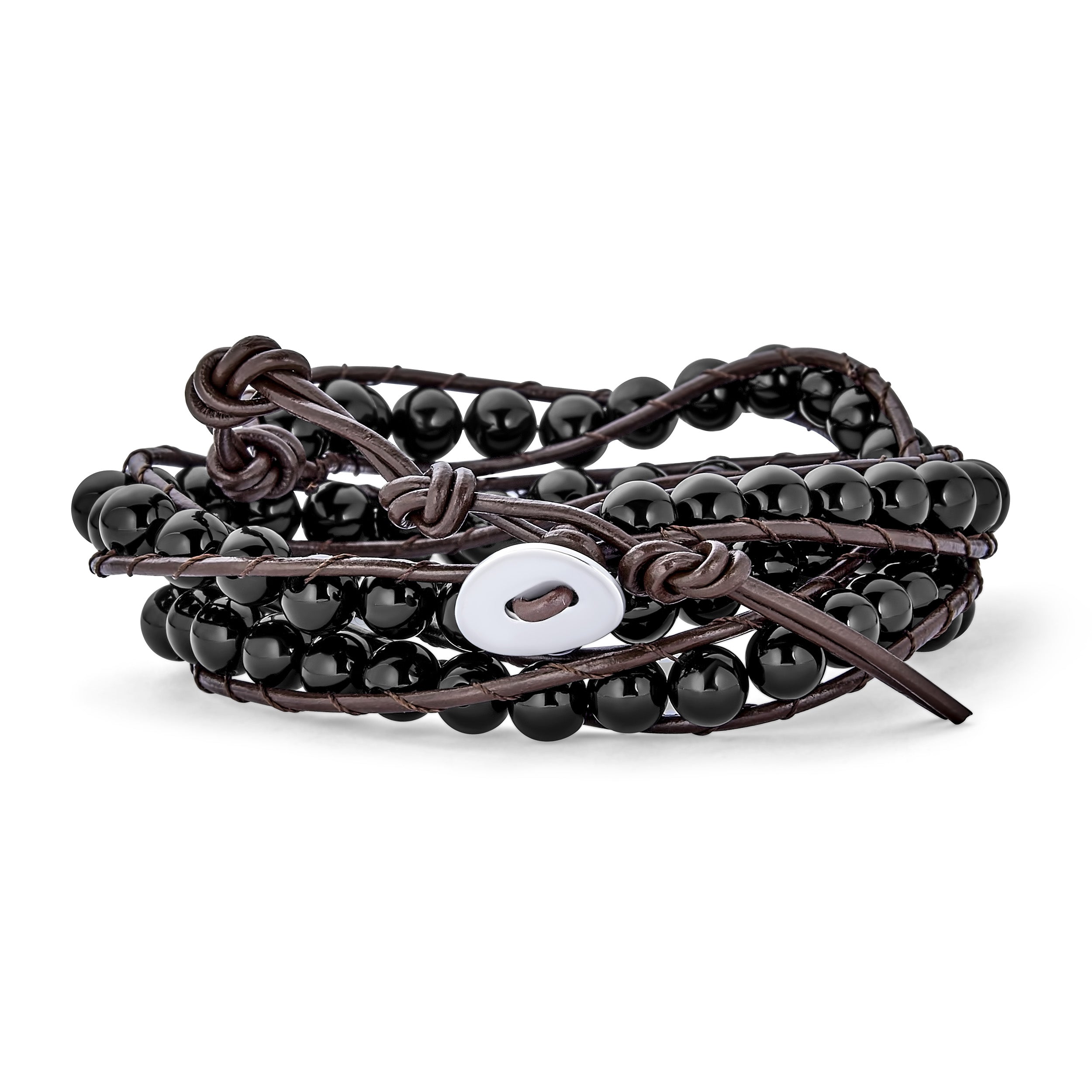 bracelet-necklace-brown-leather-bead_yf-blgy92_11 Unisex Wrap Bracelet Two Tone Multi Strand with Tiger Eye & Black Onyx Beads - Image 1