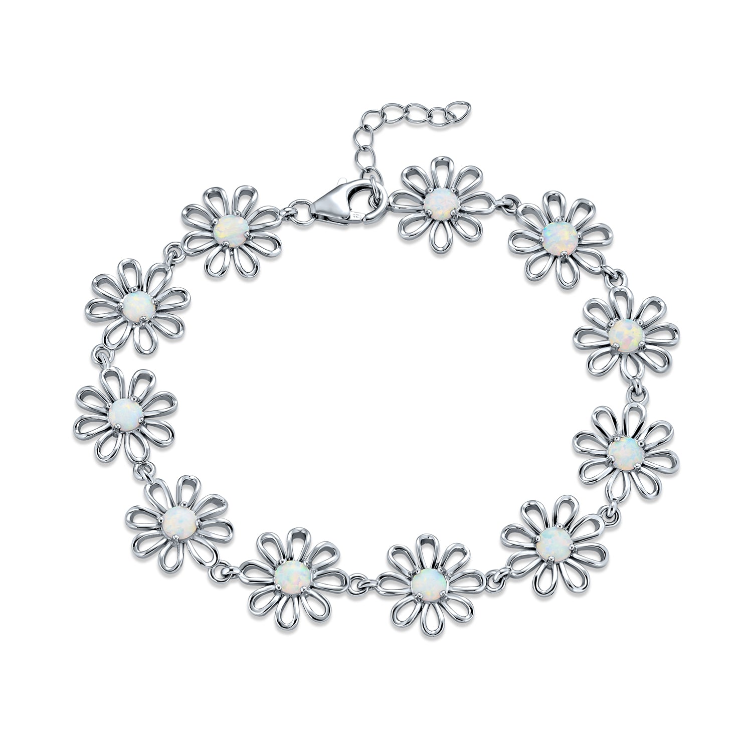 bracelet-opal-silver-flower-white_xny-bd309-az White Created Opal Multi Daisy Charms Sation Link Bracelet Sterling Silver 7.5 Inch - Image 1
