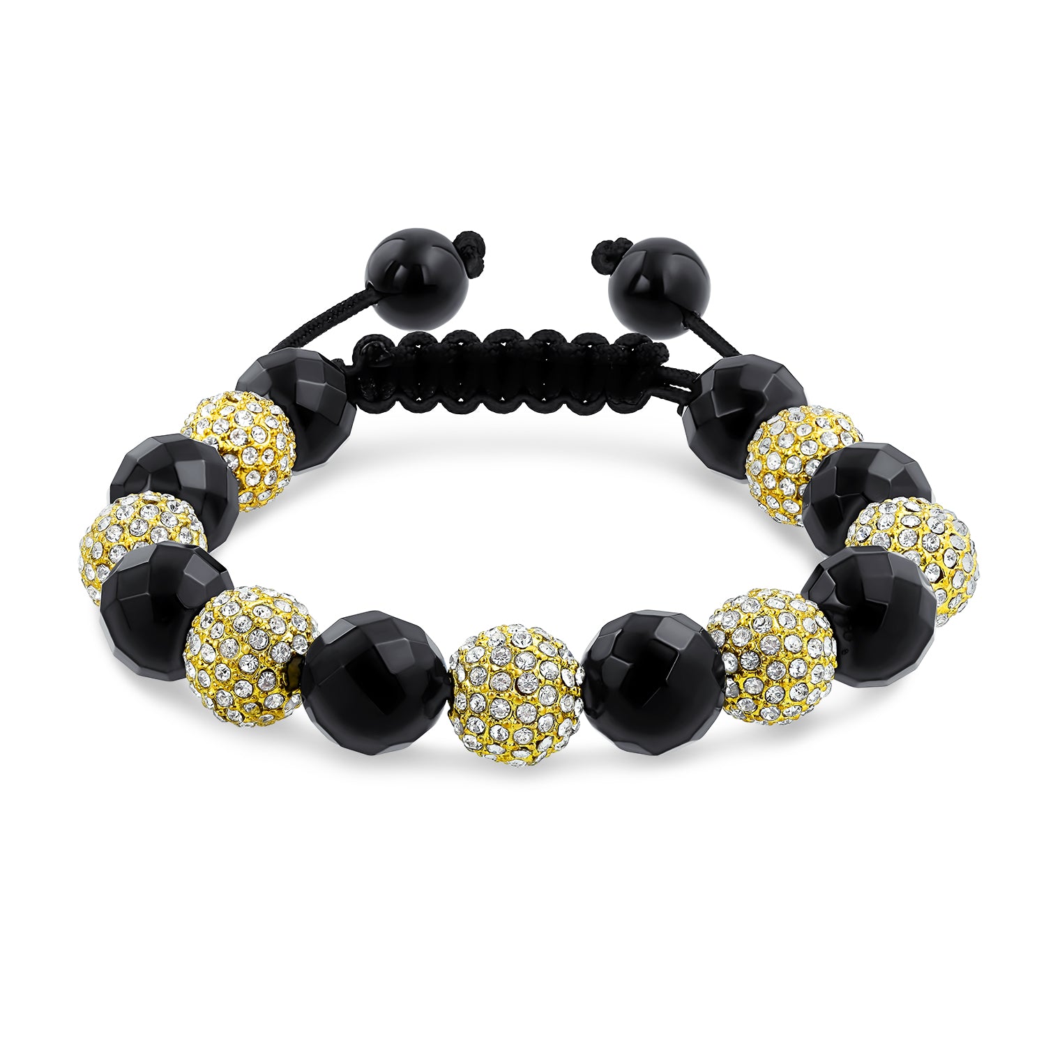 bracelet-shamballa-black-gold-adjustable_cb-br12269rr-az_1 Black Gold Tone Pave Crystal Ball Strand Bracelet Black Cord - Image 1