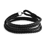 Black Leather Cuff Bracelet Stainless Hook Clasp Double Wrap - Image 3