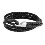 Black Leather Cuff Bracelet Stainless Hook Clasp Double Wrap