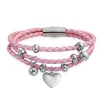 Romantic Pink Braided Leather Multi Wrap Heart Charm Charms Bracelet Stainless Steel