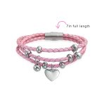 Romantic Pink Braided Leather Multi Wrap Heart Charm Charms Bracelet Stainless Steel - Image 5