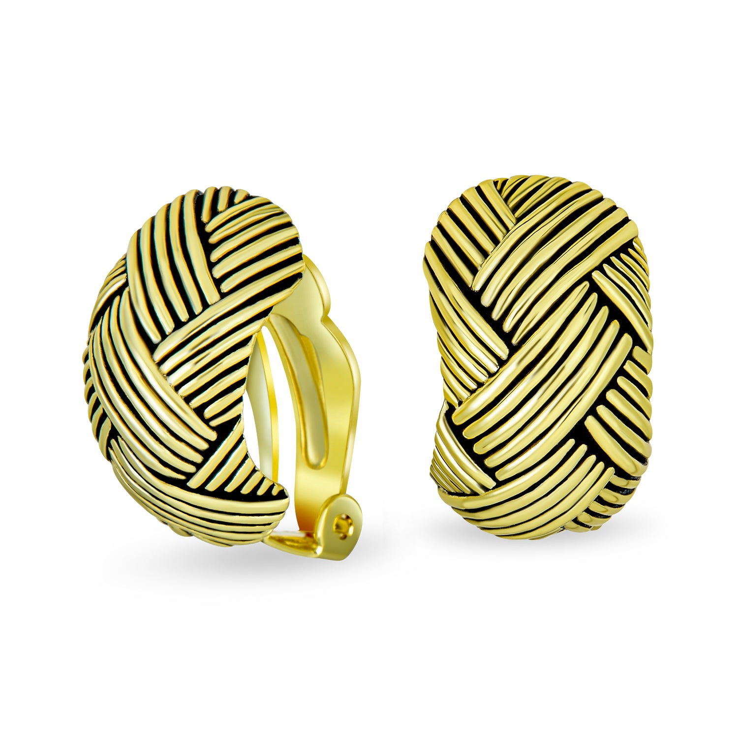 braided-weave-gold-woven-clip-on-earrings_ag-se-0024-ag_1 Half Hoop Woven Dome Basket Weave Clip-On Earrings Gold - Image 1