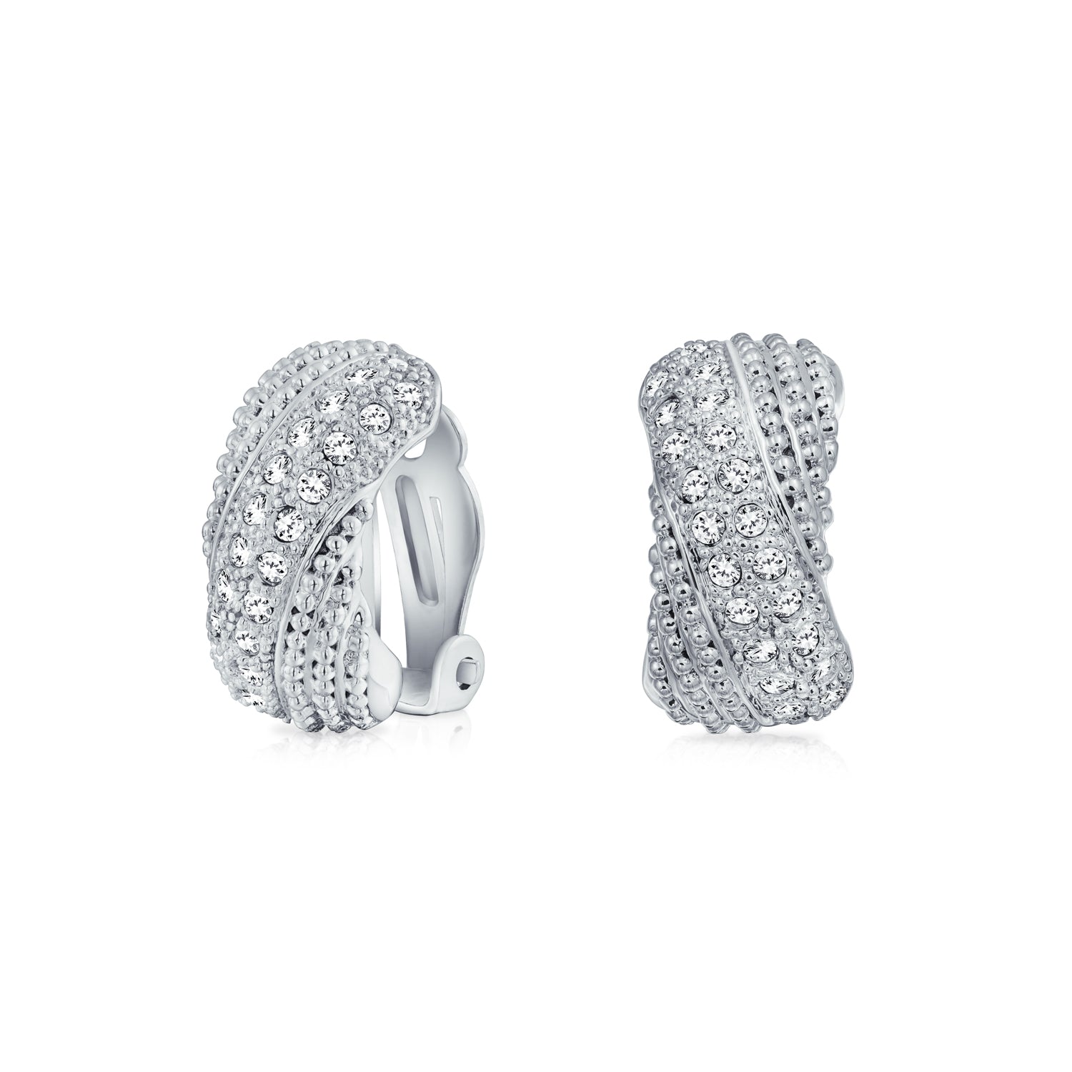 brass-clip-on-earrings-ag-se5947-az_1 Fashion Criss Cross Twisted Pave Crystal Dome Hoop Clip On Earrings Non Pierced - Image 1