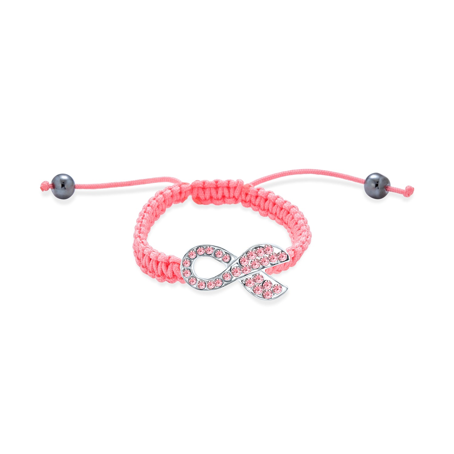 breast-cancer-pink-bracelet-yp-gem1040-b Stackable Pink Ribbon Strand Bracelet with Pave Crystal and Braided Cord - Image 1