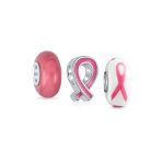 Set of 3 Breast Cancer Survivor Pink Ribbon Glass Spacer Charm Bead Silver Core