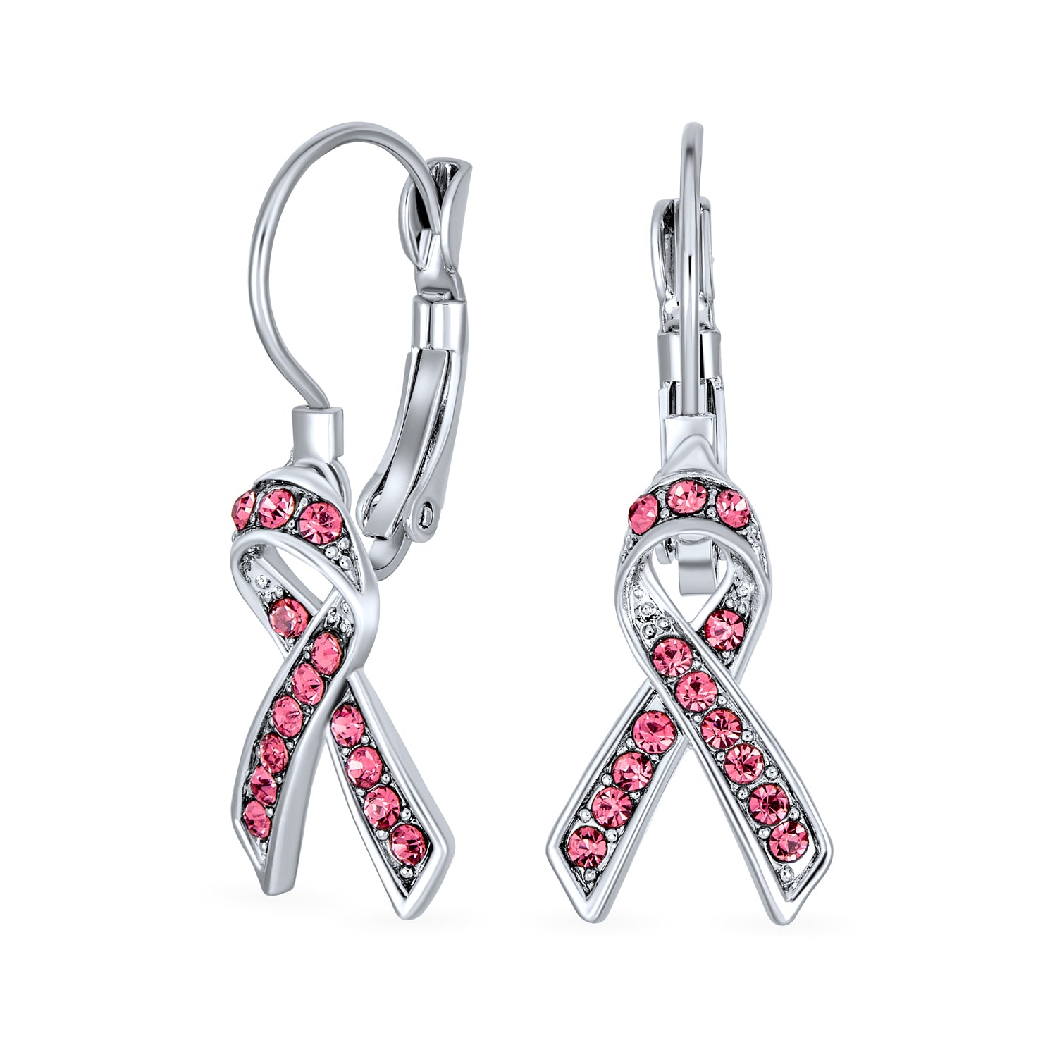 breast-pink-ribbon-leverback-earrings-cancer_faj-der01137 Crystal Pink Breast Cancer Awareness Support Earrings Silver Plated - Image 1