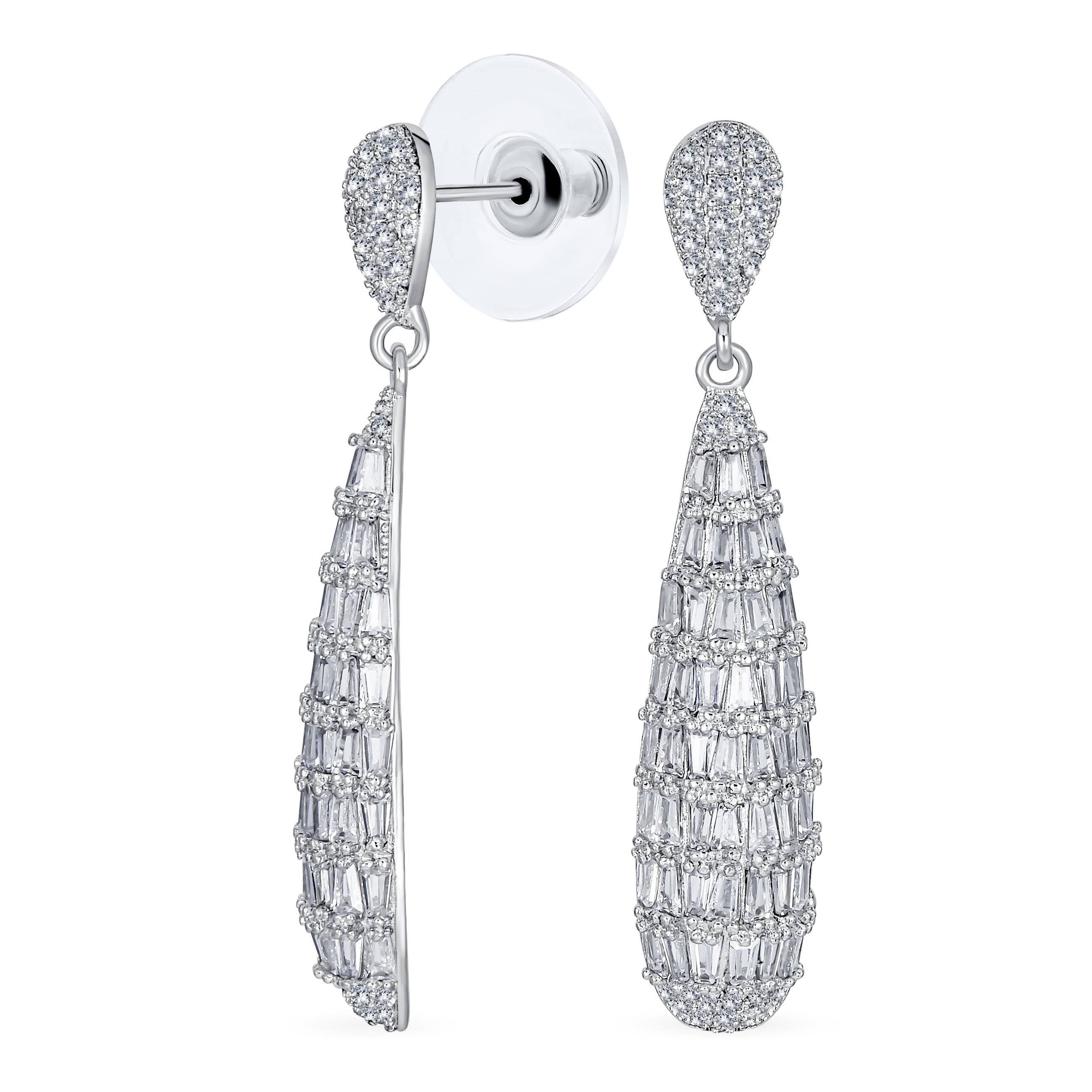bridal-aaa-cz-teardrop-earrings-ag-ez7436si-01 Bridal Cubic Zirconia Pave CZ Elongated Teardrop Statement Chandelier Earrings Silver Plated - Image 1