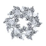 Faux White Pearl Wreath Circle Statement Brooch Pin Crystal Accent for Lapel & Scarf