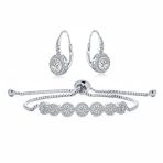 Bridal Prom CZ Rose Flower Bracelet & Rosette Drop Earrings Jewelry Set