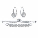 Bridal Prom CZ Rose Flower Bracelet & Rosette Drop Earrings Jewelry Set