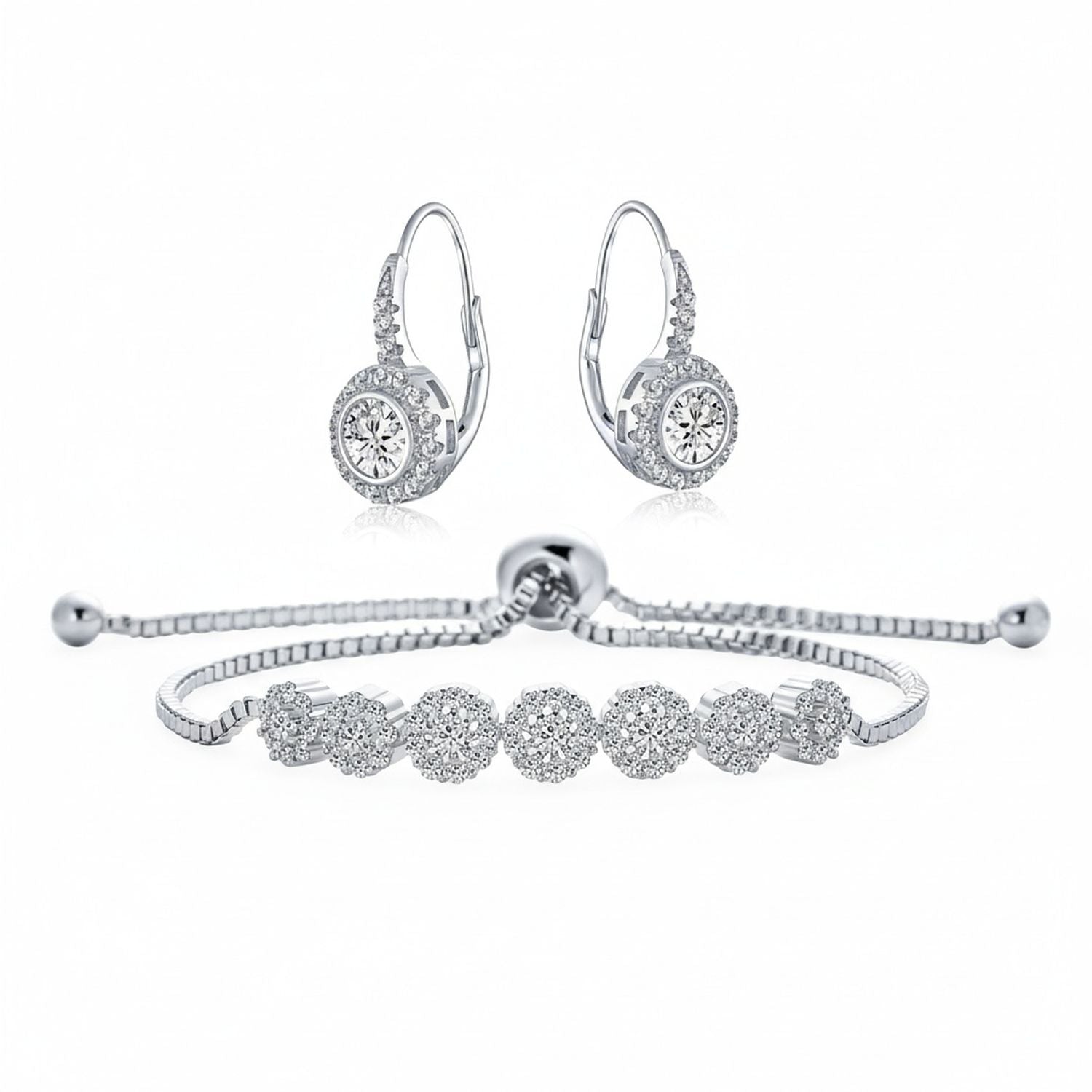 bridal-cz-earring-circlet-bolo-bracelet-silver-ag-bz9858si-set-az Bridal Prom CZ Rose Flower Bracelet & Rosette Drop Earrings Jewelry Set - Image 1
