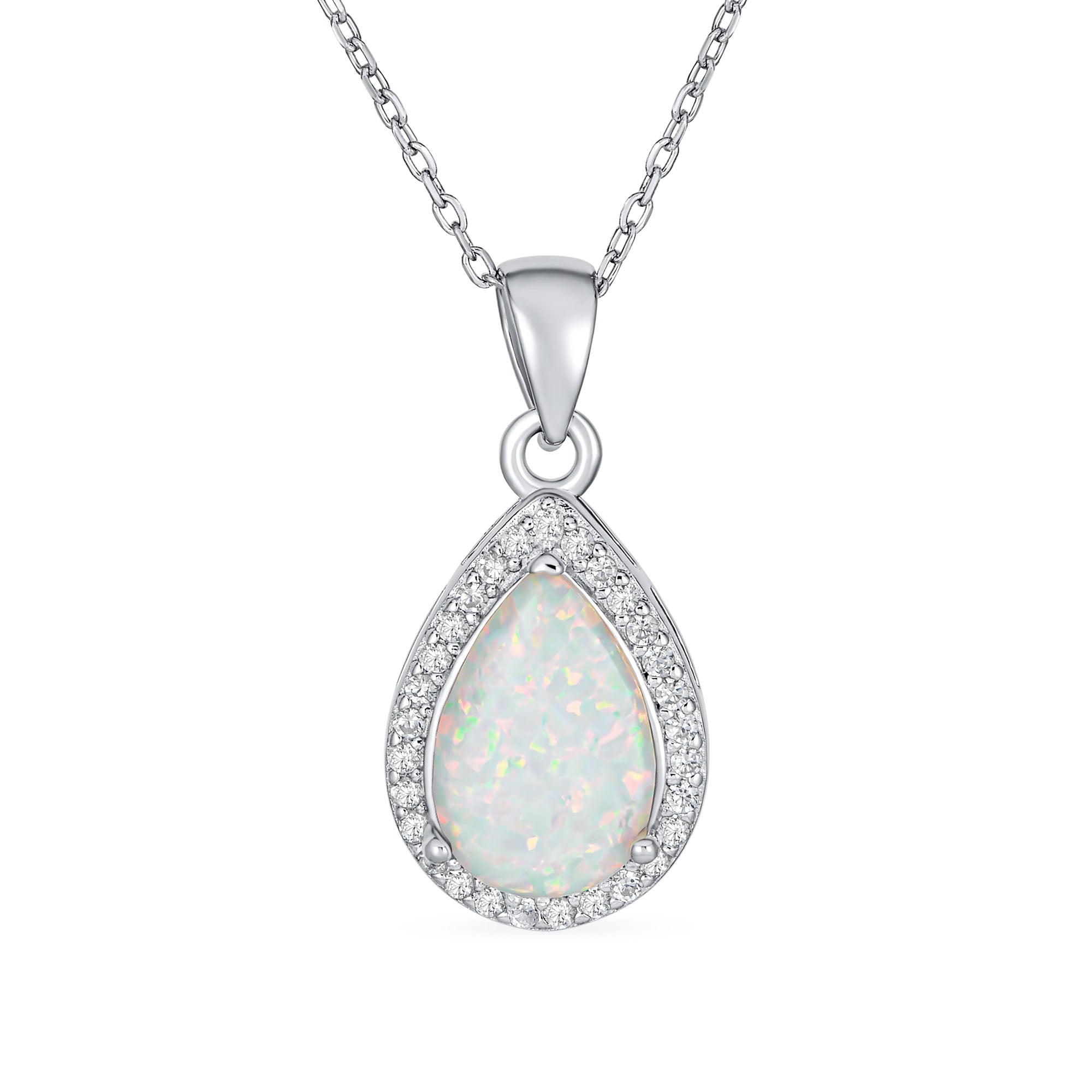 bridal-elegant-cz-halo-opal-teardrop-xny-ps5107a1-az_01 Bridal Necklace with CZ Accent and Opal Teardrop Pendant in Sterling Silver - Image 1